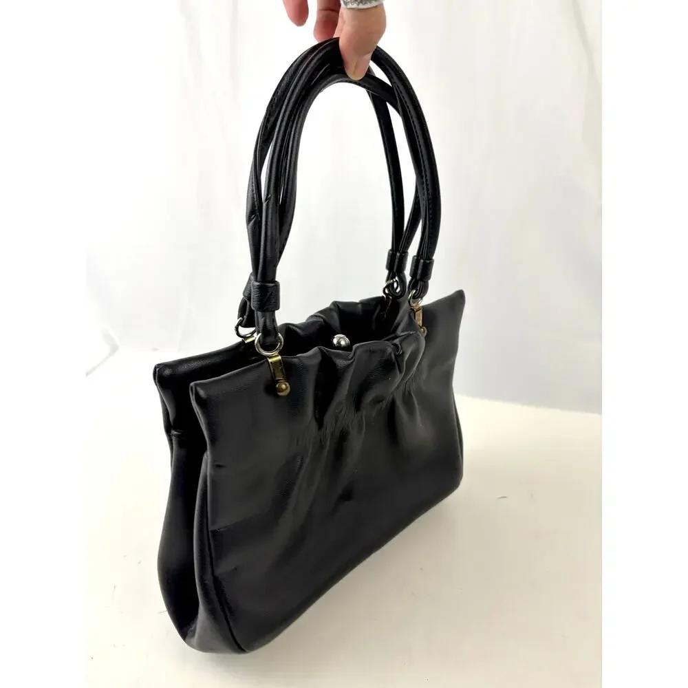 Vintage 1950s 60s‎ Black Gathered Leather Top Handle Purse Clasp Closure